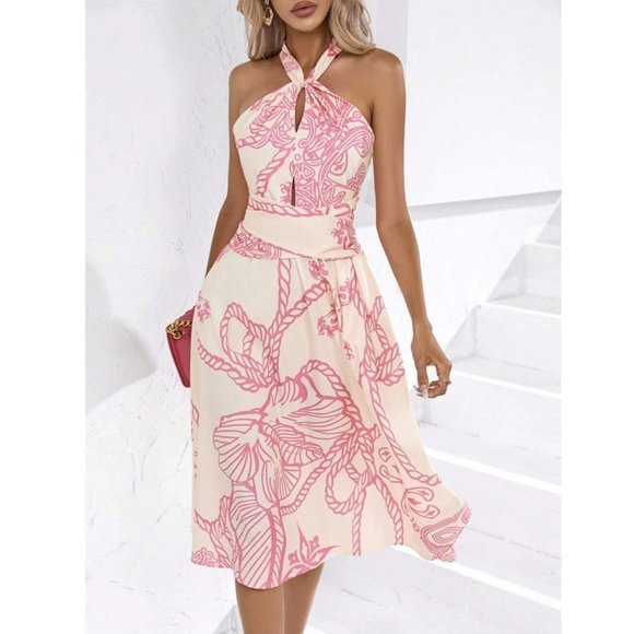 MODA ME COUTURE Dresses & Skirts - Chic Pink Rope Print Cut Out Halter Midi Dress